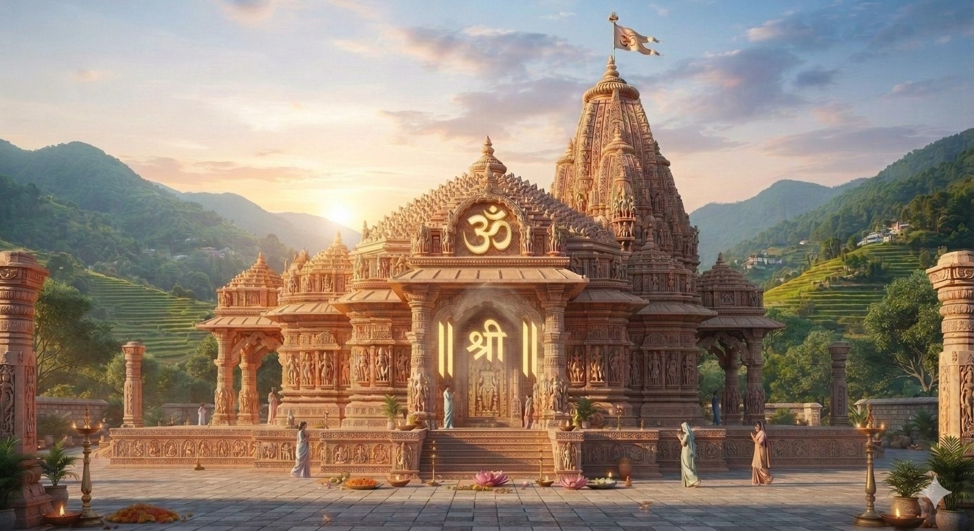 A stone mandir at sunrise, lamps lit at its steps